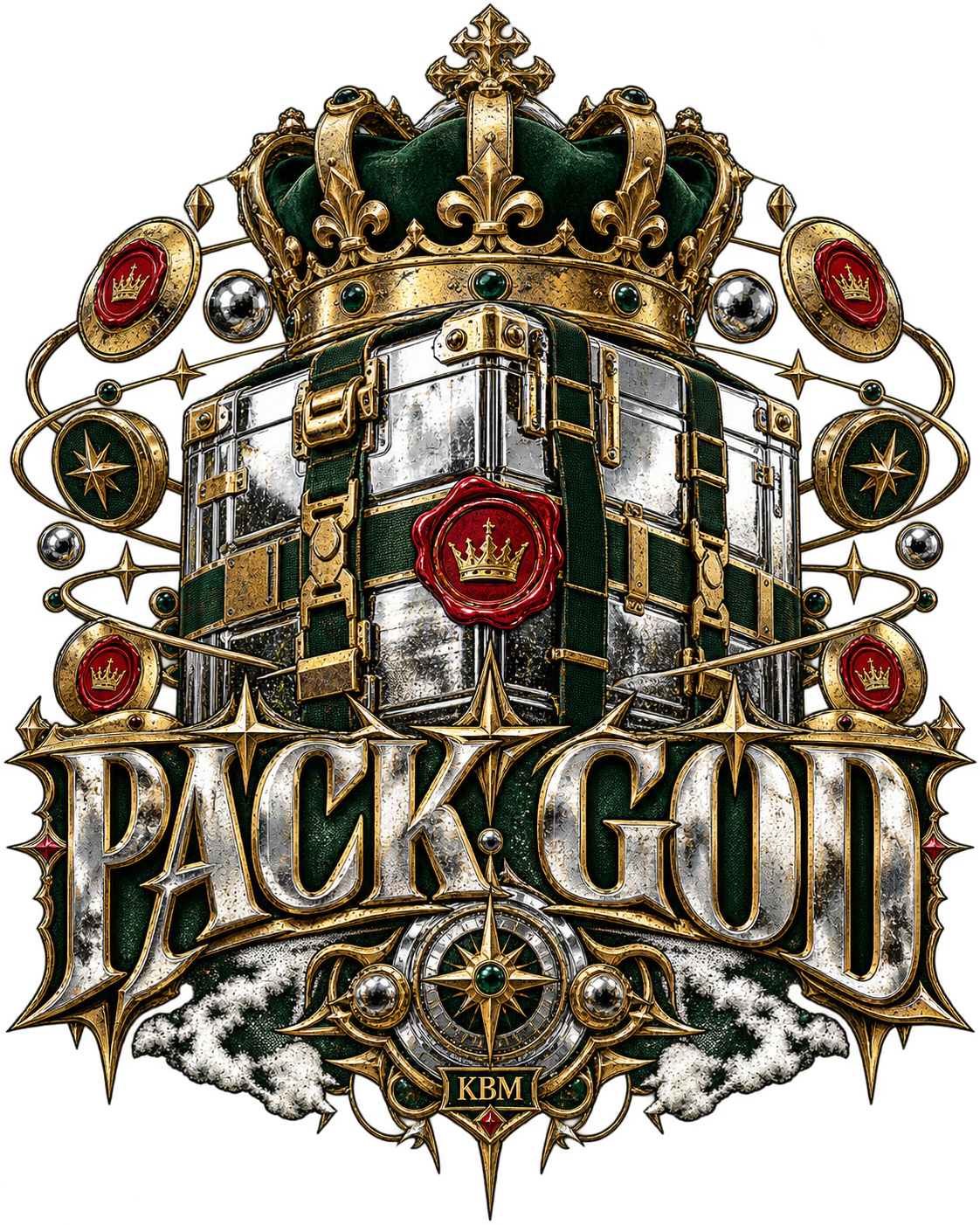 PACK GOD KBM merchandise artwork in antique gold