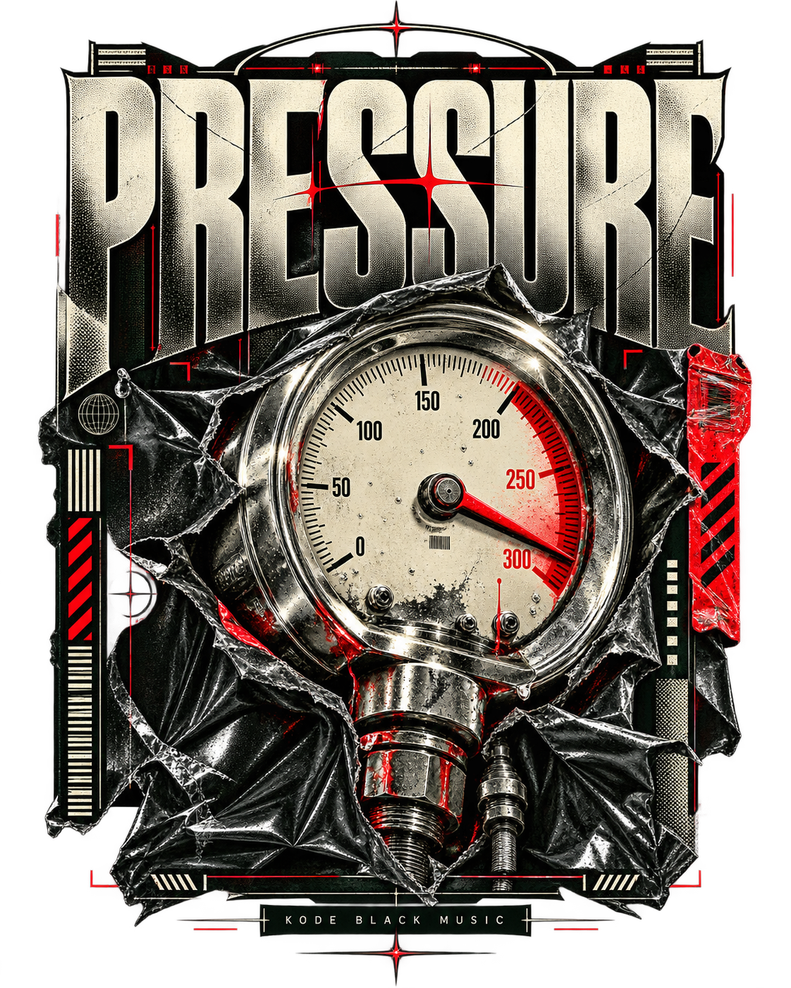PRESSURE KBM merchandise artwork with industrial metallic lettering